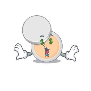 Zengin çizgi film konsepti kavanoz tozu makyajı ve para dolu gözler. Vektör illüstrasyonu