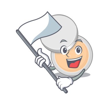 Beyaz bayrak taşıyan cesur bir kavanoz tozu makyaj maskotu tasarımı. Vektör illüstrasyonu