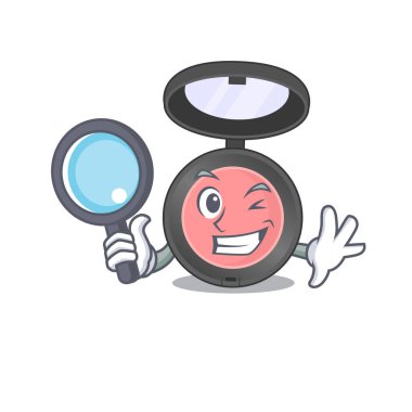 Maskot tasarımlı pembe allık detektifi aletlerle davayı çözüyor. Vektör illüstrasyonu