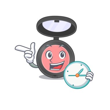 Elinde saat tutan neşeli pembe bir allık resmi. Vektör illüstrasyonu