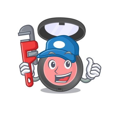 Maskot tasarımında pembe allık, aletli bir tesisatçı olarak kullanılıyor. Vektör illüstrasyonu