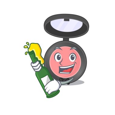 Bir şişe şarapla pembe kızartıcı karikatür tasarımı tezahürat yapıyor. Vektör illüstrasyonu