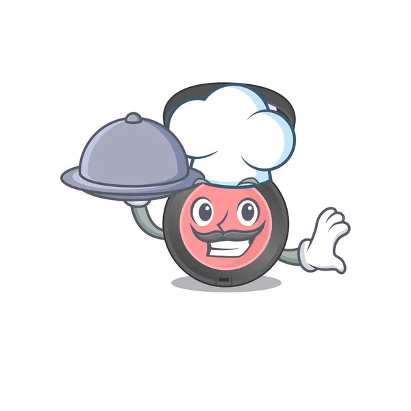 Mascote Estilo Personagem Chef Blusher Rosa Servindo Jantar Bandeja Ilustração — Vetor de Stock