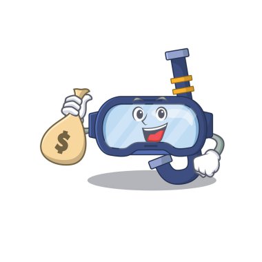 Dalış gözlüklerinin para çantası olan çılgın zengin karikatür resmi.