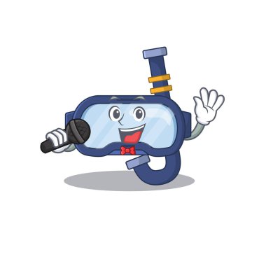 Dalgıç gözlüklerinin karikatür karakteri mikrofonla şarkı söylerken mutlu