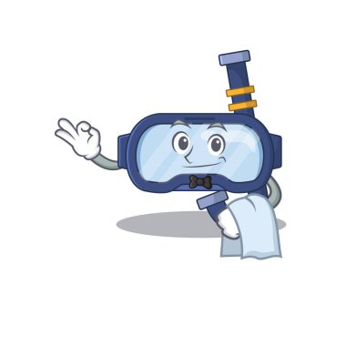 Beyaz peçeteli bir garson olarak dalış gözlüklerinin karikatür tasarımı.