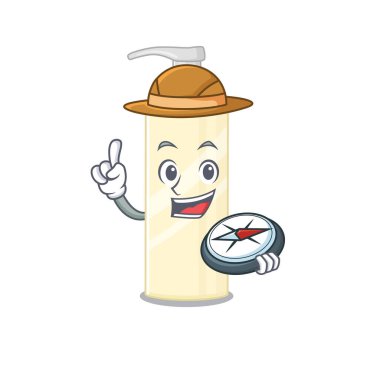 Yolculuk sırasında pusula kullanan bir kaşif saç maskotu tasarımı. Vektör illüstrasyonu