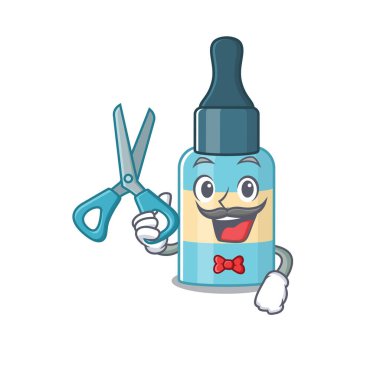 Berber dükkanında çalışan saç yağı yeteneği olan bir berber çizgi film karakteri tasarımı. Vektör illüstrasyonu