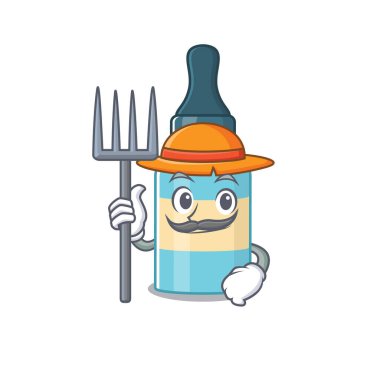 Çiftçi saç yağı maskotu tasarımı şapkayla çalışıyor. Vektör illüstrasyonu