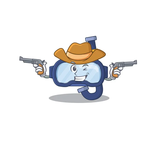 Un sabio vaquero de gafas de buceo Diseño de dibujos animados con pistolas — Vector de stock