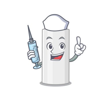 Kendini adamış bir saç spreyi hemşire maskot tasarımı ve şırınga.