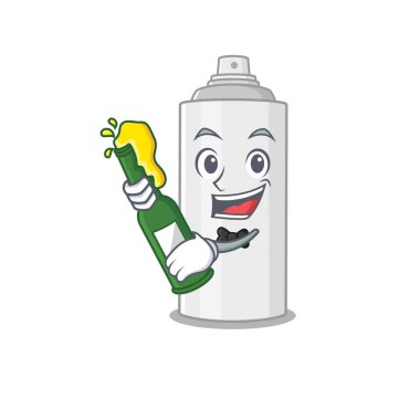 Saç spreyinin karikatür tasarımı bir şişe şarapla tezahürat yapar