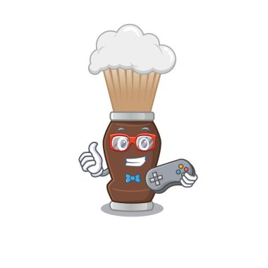 Çizgi film maskot tasarımı. Tıraş fırçası oyuncusunu kumanda kullanarak. Vektör illüstrasyonu