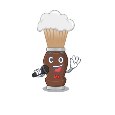 Tıraş fırçasının karikatür karakteri mikrofonla mutlu bir şekilde şarkı söylüyor. Vektör illüstrasyonu