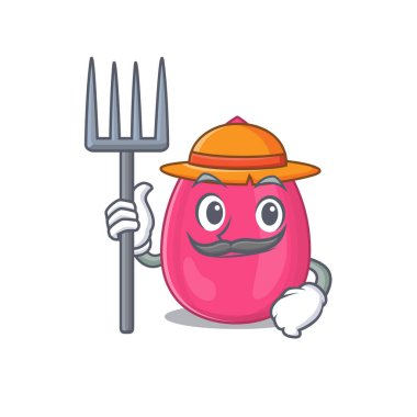 Çiftçi makyaj süngeri maskot tasarımı şapka ile çalışıyor.