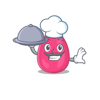 Maskot karakter stili makyaj süngeri şefi tepside yemek servisi yapıyor.