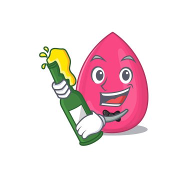 Bir karikatür tasarım tarzı makyaj süngeri bir şişe şarapla şereflendirir.