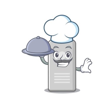 Maskot karakteri stili tıraş köpüğü şefi tepside yemek servisi yapar. Vektör illüstrasyonu