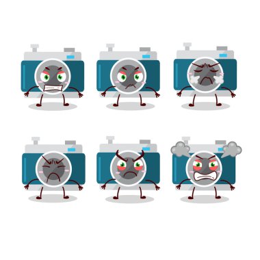 Çeşitli kızgın ifadeleri olan cep kamerası karikatürü karakteri. Vektör illüstrasyonu