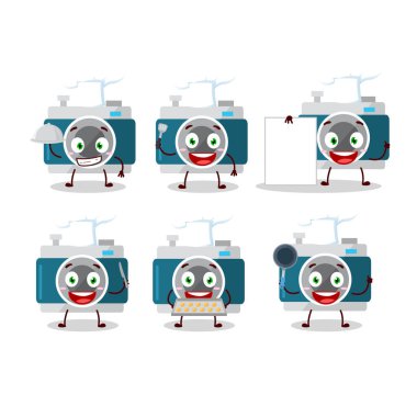 Çeşitli şef ifadeleri olan kamera cebinin çizgi film karakteri. Vektör illüstrasyonu.