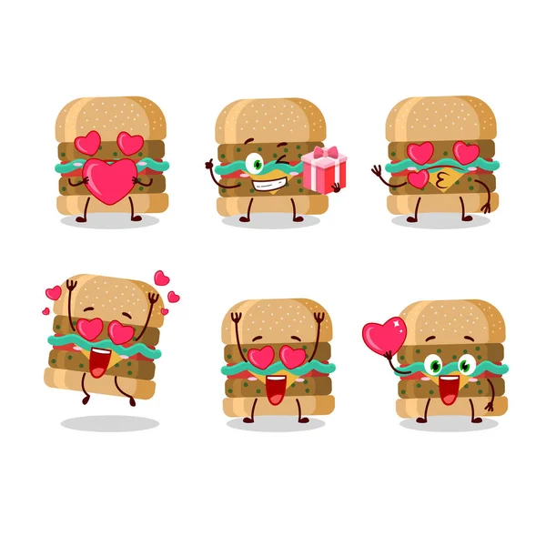 Hamburger χαρακτήρα κινουμένων σχεδίων με αγάπη χαριτωμένο emoticon — Διανυσματικό Αρχείο