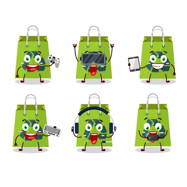 Recycle Bag Cartoon-Figur spielen Spiele mit verschiedenen niedlichen Emoticons — Stockvektor