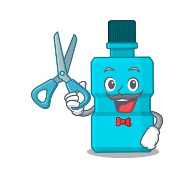 Berber dükkanında çalışan yetenekli berber çizgi film karakteri tasarımı.