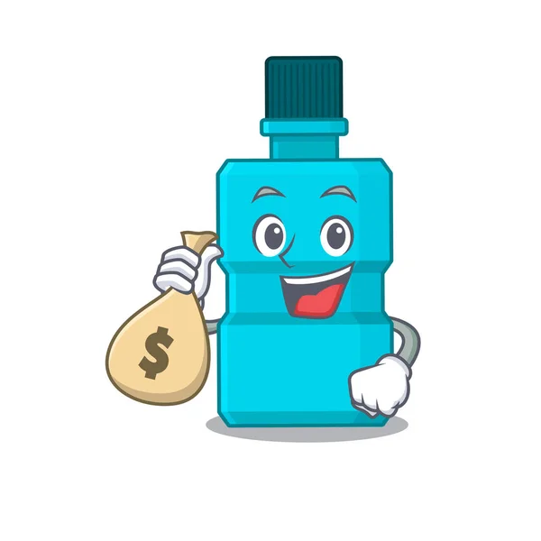 Crazy rich Cartoon picture of mouthwash having money bags — Stock Vector