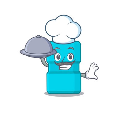 Maskot karakter stili gargara şefinin tepside yemek servisi yapması.