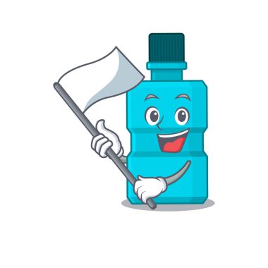 Beyaz bir bayrak taşıyan cesur bir maskot tasarımı.