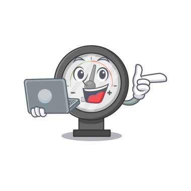 Basınç göstergesinin düzgün çizgi film karakteri. Salgın sırasında evde çalışıyorum.