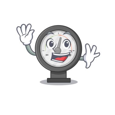 Karizmatik bir basınç göstergesi maskot tasarımı gülümseme ve el sallama