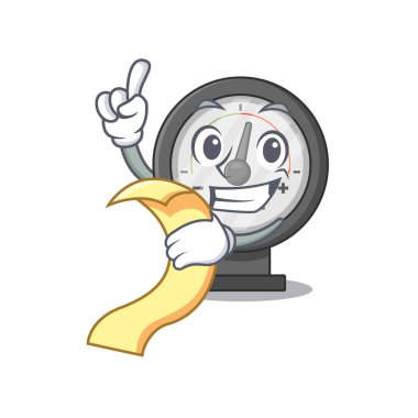 Elinde yiyecek ve içecek menüsü olan bir maskot karakteri.