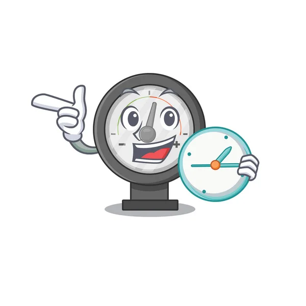 Ein Bild von fröhlichem Manometer, das eine Uhr hält — Stockvektor