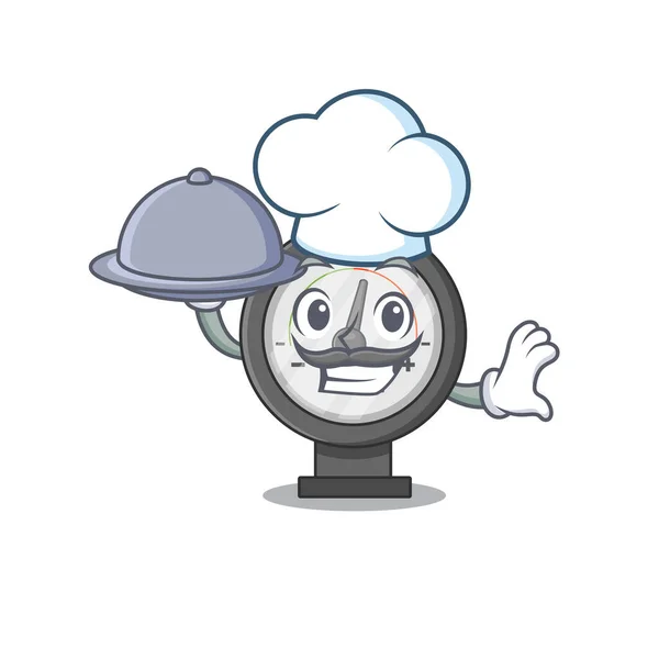Mascote estilo personagem de pressão calibre chef servindo jantar na bandeja — Vetor de Stock