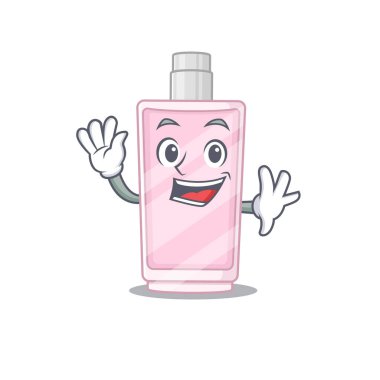 Gülümseyen ve el sallayan karizmatik parfüm maskotu tasarımı.