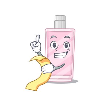 Parfüm maskotu karakteri. Elinde yiyecek ve içecek menüsü var.
