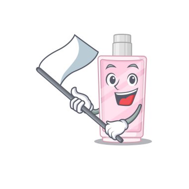 Beyaz bayrak taşıyan cesur bir parfüm maskotu tasarımı.