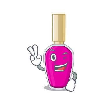 Neşeli pembe tırnak cilası, maskot stili iki parmak pozu.