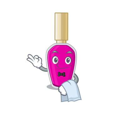 Beyaz peçeteli bir garson olarak pembe ojeli bir karikatür tasarımı.