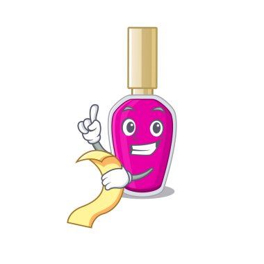 Elinde yiyecek ve içecek menüsü olan pembe tırnak cilası maskotu tarzı.
