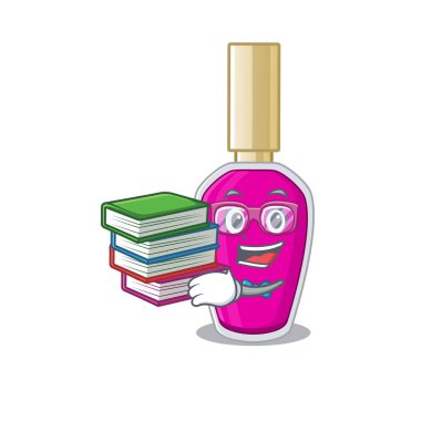 Pembe ojeli öğrenci maskotu tasarımı evde çalışırken birçok kitap okudu.