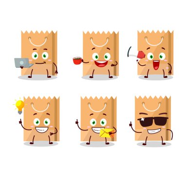 Çeşitli iş simgelerine sahip market çantası çizgi film karakteri