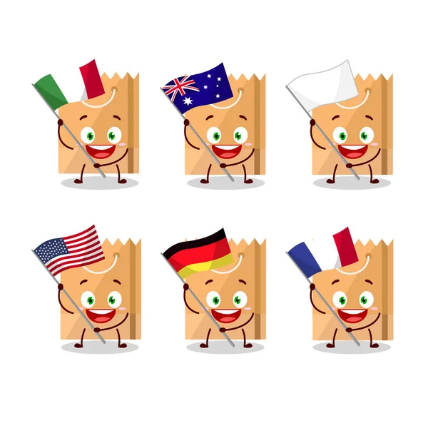 Παντοπωλείο τσάντα κινουμένων σχεδίων χαρακτήρα φέρει τις σημαίες των διαφόρων χωρών — Διανυσματικό Αρχείο