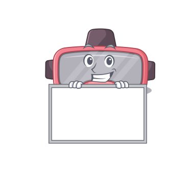 Bir panonun arkasında duran komik karikatür tasarımı VR gözlükleri