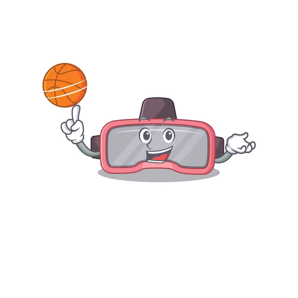 Une mascotte athlétique de lunettes vr dessin animé design avec basket-ball — Image vectorielle