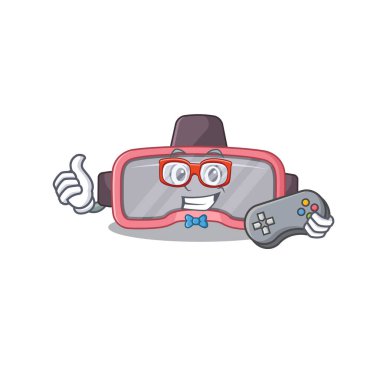 Çizgi film maskot tasarımı VR gözlük oynatıcısı denetleyici kullanıyor