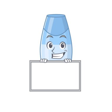 Masanın arkasında duran komik karikatür dizayn şampuanı. Vektör illüstrasyonu