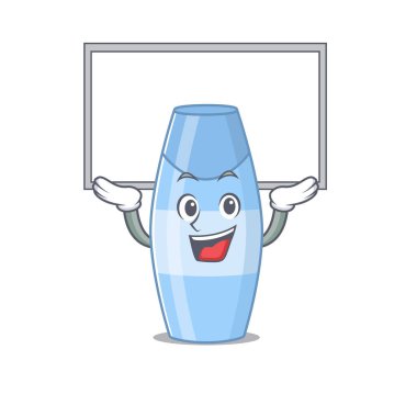 Maskot şampuan karakteri beyaz tahtada yükseliyor. Vektör illüstrasyonu