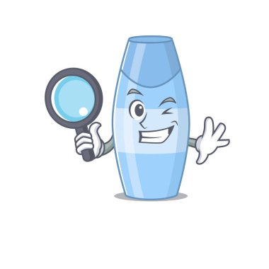 Şampuan süper dedektifinin maskot tasarımı. Aletlerle davayı çözüyor. Vektör illüstrasyonu